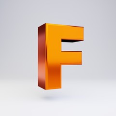 3d letter F uppercase. Hot orange metallic font with glossy reflections and shadow isolated on white background.