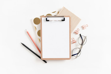 Clipboard mockup with frame made of stationery on white background