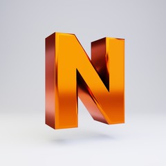 3d letter N uppercase. Hot orange metallic font with glossy reflections and shadow isolated on white background.