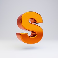 3d letter S uppercase. Hot orange metallic font with glossy reflections and shadow isolated on white background.