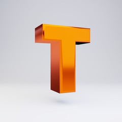 3d letter T uppercase. Hot orange metallic font with glossy reflections and shadow isolated on white background.