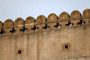 Columns ornaments decorate the palace of Orccha in front of blue evening sky, India
