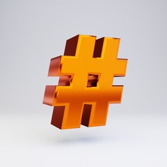 Obraz premium 3d hashtag symbol. Hot orange metallic font with glossy reflections and shadow isolated on white background.