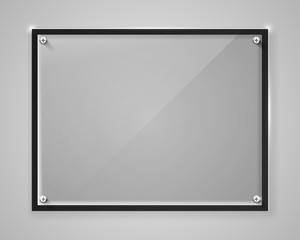 Realistic horizontal transparent glass frame with shadow. Modern background.