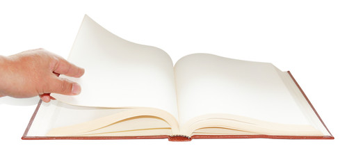 open book blank sheets hand turns the page in the book isolated on white background