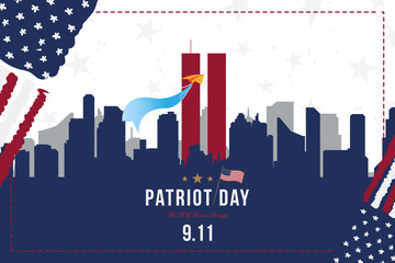 Patriot Day september 11. 2001 We will never forget. Font inscription with USA flag and city silhouette on a background. Banner to the day of memory of the American people. Flat element EPS 10
