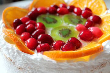 Sweet tasty cake with cream, fresh fruit and jelly. Delicious dessert with red berries and orange and kiwi slices. Baked food photography for cookbook, menu, postcard, website. Top view