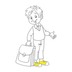 Little funny boy with a big school bag.  Black and white picture with yellow accent. In cartoon style. Isolated on white background. For coloring book.