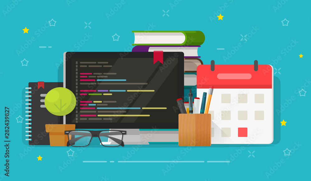 Poster programmer desktop and computer screen and code vector illustration, flat cartoon programming on pc 