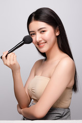 Portrait of beautiful young asian woman clean fresh bare skin concept. Asian girl beauty face skincare and health wellness, Facial treatment, Perfect skin, Natural make up. Isolated on gray background