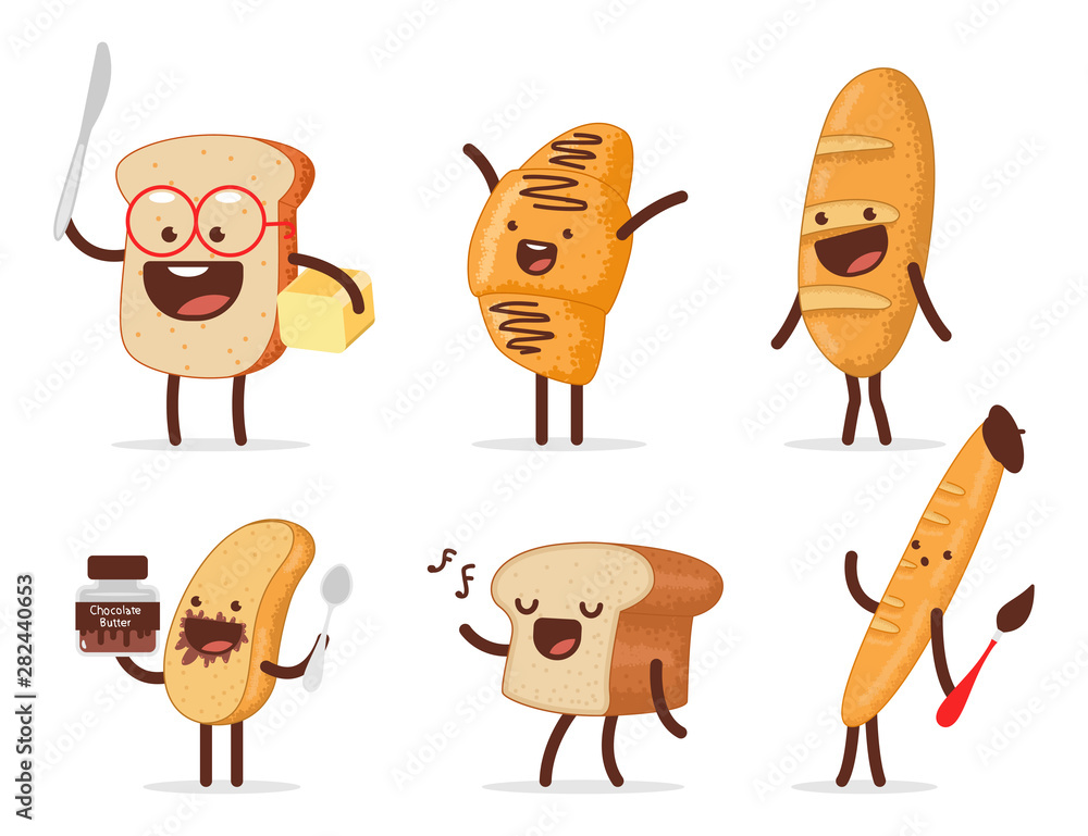 Wall mural Cute bread characters vector cartoon set isolated on a white background.