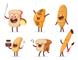 Cute bread characters vector cartoon set isolated on a white background.