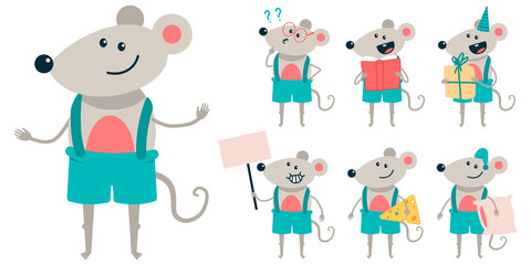 Cute mouse vector cartoon characters set isolated on a white background.