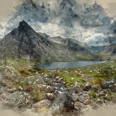 Digital watercolour painting of Stunning landscape image of countryside around Llyn Ogwen in Snowdonia during ear;y Autumn - obrazy, fototapety, plakaty