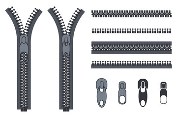 Zippers, fasteners and clasps vector cartoon elements set isolated on a white background. © Roi_and_Roi