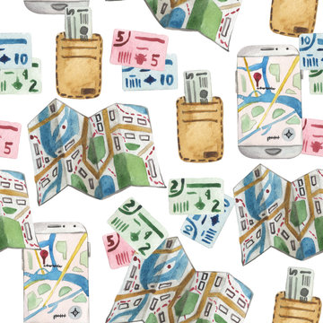 Watercolor cartoon seamless pattern, traveler set, travel map, smartphone with navigation application, money wallet, and foreign currency. Composition on a white background.
