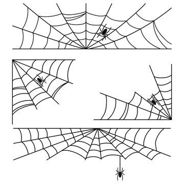 Halloween cobweb with spider vector frames and corners set isolated on a white background.