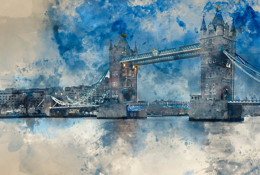 Digital watercolour painting of Tower Bridge in London during blue hour