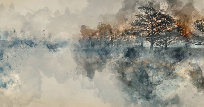 Digital watercolour painting of Landscape of lake in mist with sun glow at sunrise