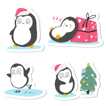 Cute Christmas penguins vector cartoon sticker set isolated on a white background.