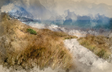 Digital watercolour painting of Sennen Cove beach and sand dunes before sunset Cornwall England © veneratio