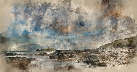 Digital watercolour painting of Beautiful sunrise landscape of Godrevy lighthouse on Cornwall coastline in England