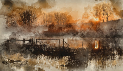 Digital watercolour painting of Landscape of lake in mist with sun glow at sunrise