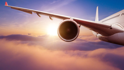 Detail of passengers commercial airplane wing