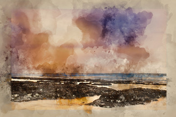 Digital watercolour painting of Stunning rocky beach sunset landscape long exposure