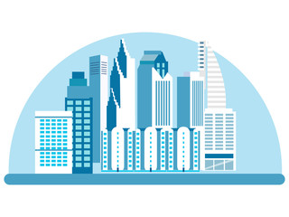 City, high rise buildings, streets. View of the attraction, logo. In minimalist style. Cartoon flat vector
