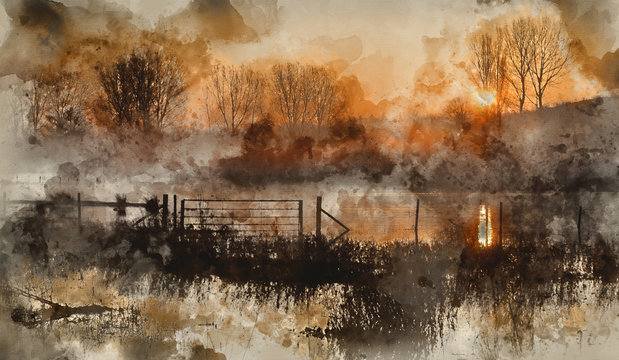 Digital watercolour painting of Landscape of lake in mist with sun glow at sunrise © veneratio