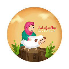 Abstract background poster or banner design with character of cute girl holding sheep for Eid-Al-adha Mubarak Festival.