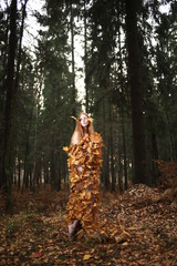 Fashion Autumn model, Fall Leaves Dress, Beauty Girl