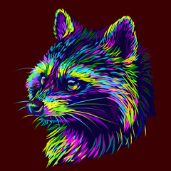 Raccoon. Abstract graphic multi-colored portrait of a raccoon on a dark brown background.