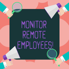 Writing note showing Monitor Remote Employees. Business photo showcasing Tracking the time spend by virtual employees Hu analysis Hands Holding Magnifying Glass and Megaphone