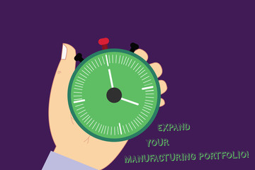 Word writing text Expand Your Manufacturing Portfolio. Business concept for Make a bigger catalog of products Hu analysis Hand Holding Mechanical Stop Watch Timer with Start Stop Button