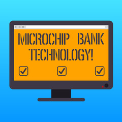 Obraz premium Handwriting text writing Microchip Bank Technology. Concept meaning Binary transactions of bank fund and savings Blank Computer Desktop Monitor Color Screen Mounted with Progress Bar