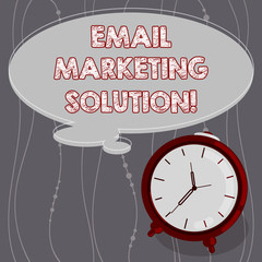 Text sign showing Email Marketing Solution. Conceptual photo helping customers to solve their problems Blank Color Thought Speech Bubble with Outline and Alarm Clock photo