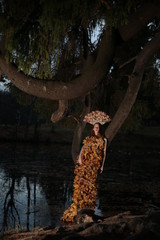 Fashion Autumn model, Fall Leaves Dress, Beauty Girl