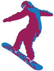Vector illustration of a man in winter jacket, jumping on the snowboard in trendy flat style. Snowboarder is isolated on white background.