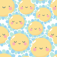 Flowers cute pattern, smile flower face cartoon seamless background, vector illustration