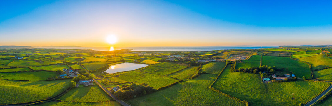 aerial panoramic view of summer countryside sunset,Northern Ireland