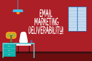 Text sign showing Email Marketing Deliverability. Conceptual photo Ability to deliver emails to subscribers Work Space Minimalist Interior Computer and Study Area Inside a Room photo