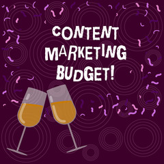Writing note showing Content Marketing Budget. Business photo showcasing Promotional costs over a certain period of time Filled Wine Glass for Celebration with Scattered Confetti photo