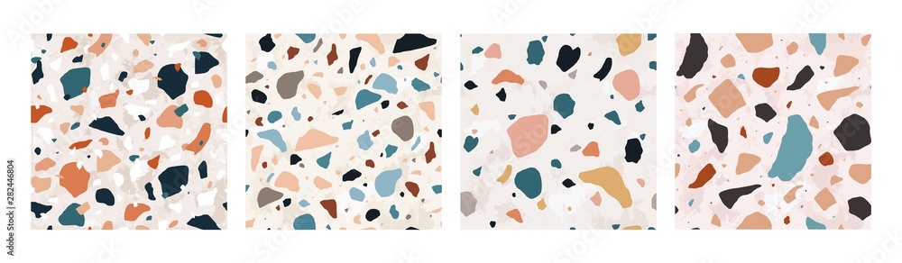 Fototapete Collection of Terrazzo seamless patterns with colorful rock fragments. Set of backdrops with stone pieces or sprinkles. Bundle of rock textures. Vector illustration for wrapping paper, textile print.