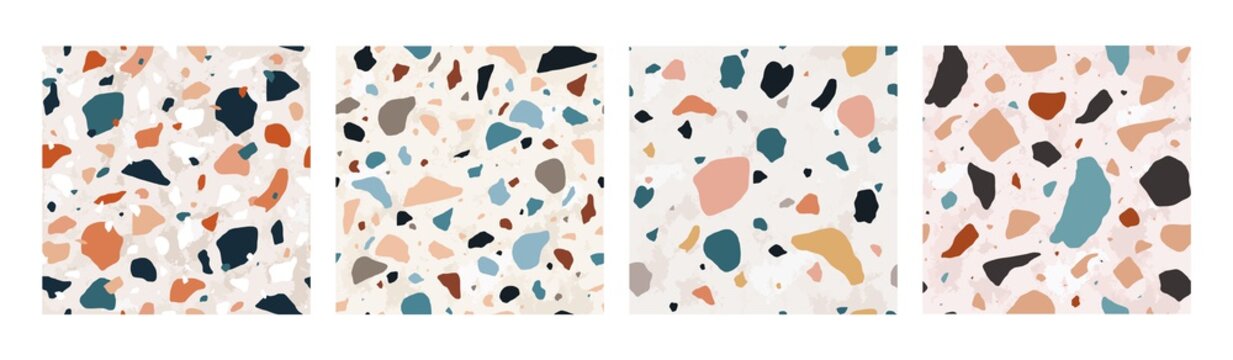 Collection of Terrazzo seamless patterns with colorful rock fragments. Set of backdrops with stone pieces or sprinkles. Bundle of rock textures. Vector illustration for wrapping paper, textile print.