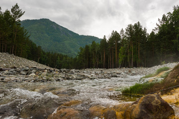 Russia, Buryatia, Arshan resort June 2019, view of the Sayan mountains and mountain river