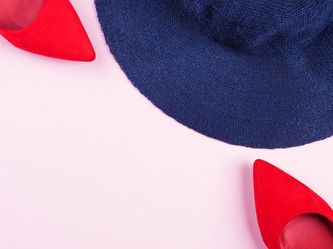 Blue Hat And Red Pumps On Pink