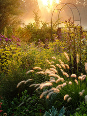 Large country garden with flowers and ornamental grasses and an arbor (arch) backlit by morning sun, with the fluffy heads of fountain grass (Pennisetum alopecuroides) in the foreground