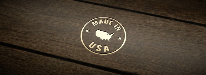 Stamp made in USA, engraved in wood with gold inlays.
